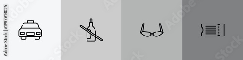 travel fill outline icon set featuring taxi frontal vehicle, no drink, old fashion glasses, fly ticket icons.