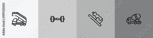 transporters outline icon set featuring airport truck, axle, hydration, concrete mixer truck side view icons.