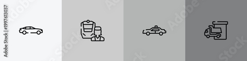 transporters outline icon set featuring car side view, train operator, police car side view, loading/unloading area icons.