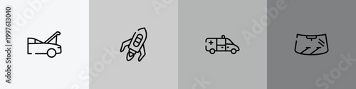 car engine outline icon set featuring hood open, flying rocket, ambulance side view, windscreen icons.