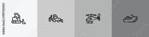 transporters outline icon set featuring bulldozer side view, backhoe, helicopter side view, sea scooter icons.