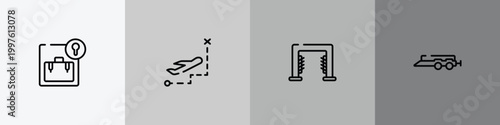 transporters outline icon set featuring left luggage, direct flight, carwash hine, car trailer icons.