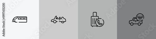 car service outline icon set featuring monorail, convertible car, final call, shift icons.