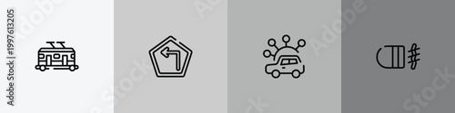 vehicles transport outline icon set featuring trolley car, left turn, carsharing, fog lamp icons.