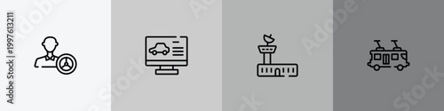 transportation outline icon set featuring instructor, computer test, air traffic controller, tramway icons.