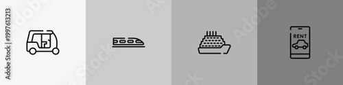 travel app outline icon set featuring null, hyperloop, ferry, rent a car icons.