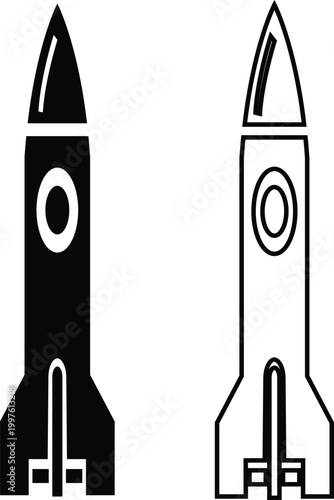 Rocket missile space launch vehicle icon set collection group in black flat and line style featuring rocket, missile, spacecraft, booster, launch synonym elements for aerospace, military and technolog