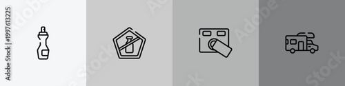 transportation outline icon set featuring insect repellent, no liquid, access control, rv icons.