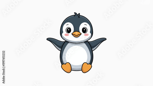 Cute cartoon penguin with orange beak and feet standing alone