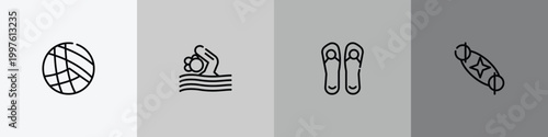 summer outline icon set featuring beach volleyball, swimming person, pair of flip flops, solstice icons.