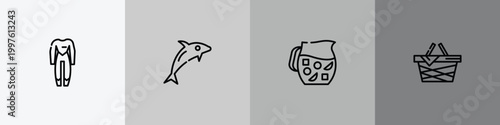 summer outline icon set featuring wetsuit, dolphin on water waves, sangria, pinic basket icons.