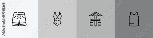 summer outline icon set featuring swimming trunks, swimsuit, terrace, sleeveless icons.