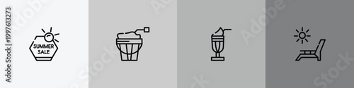 summer outline icon set featuring summer sale, sand bucket, milkshake, deck chairs and sun icons.
