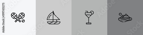 summer outline icon set featuring rackets, yatch boat, refreshing cold drink, lake icons.