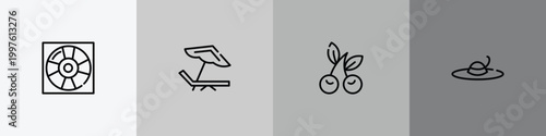 summer outline icon set featuring life guard, beach chair, cherries, summer hat icons.