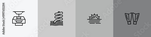 summer outline icon set featuring funicular, aqua park, sun at sea, diving fins icons.