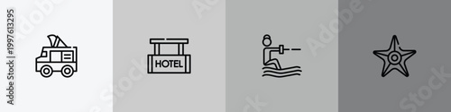 summer outline icon set featuring ice cream van, hotel hanging, waterski, sea star icons.