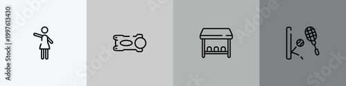sports outline icon set featuring hostess, stem, team bench, squash icons.