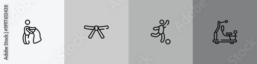 gym outline icon set featuring bullfight, black belt, soccer game, gym station icons.