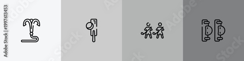 Photos skating outline icon set featuring grappling hook, crocket, home team, elbow pads icons