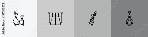 martial arts outline icon set featuring stationary bicycle, starting point, team player, speed bag icons.