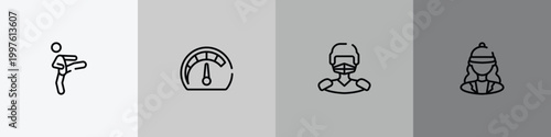 sport avatars outline icon set featuring kicking, mph, hockey player, horsewoman icons.