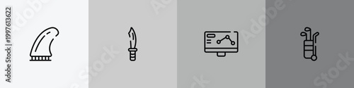 golf outline icon set featuring fin, dive knife, telemetry, golf caddy icons.