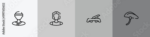 active lifestyle outline icon set featuring judoka, kickboxer, fitness step, bike helmet icons.