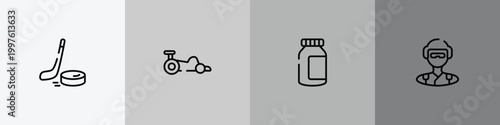 sport avatars outline icon set featuring puck, kart racing, energy bar, skydiver icons.