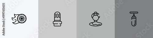 thai boxing outline icon set featuring burnout, led strobe, gymnast, sand bag icons.