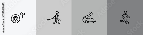 soccer outline icon set featuring tire pressure, hammer throwing, drifting, football players icons.