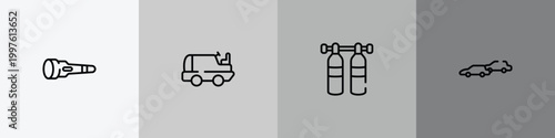 racing outline icon set featuring dive light, ice resurfacer, gas cilinder, chase icons.