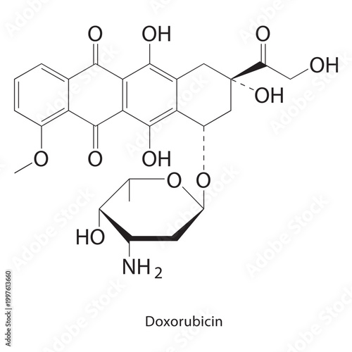 Doxepin skeletal structure. Tricyclic antidepressant compound schematic illustration. Simple diagram, chemical formula.