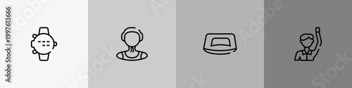 thai boxing outline icon set featuring dive computer, waterpolo player, push up, committee icons.