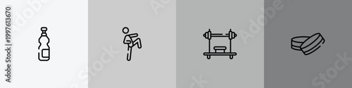 sports outline icon set featuring isotonic, ritual, bench press, hockey puck icons.