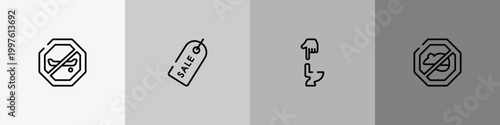 signals & prohitibions outline icon set featuring no skating, labels, flush, rats icons.