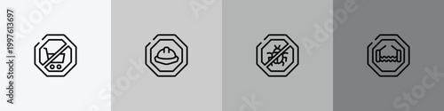 traffic signs outline icon set featuring no shopping cart, hard, no insects, bridge road icons.