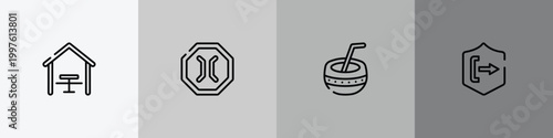 safety outline icon set featuring eatery, narrow bridge, kalabas, pull icons.