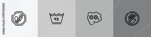 safety outline icon set featuring no step, 95 degrees, carbon monoxide, not touch icons.