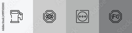 universal warning signals outline icon set featuring fuel filling, atom, dry in high heat, camera icons.