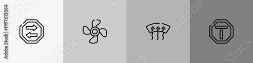 traffic signs outline icon set featuring two way, ventilating fan, windshield defrost, end of way icons.