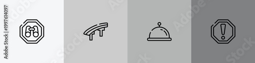 indications outline icon set featuring site seeing place, flyover bridge, tray with cover, caution icons.