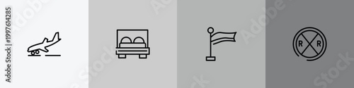 us road signs outline icon set featuring landing, bed, plain flag, railroad crossing icons.