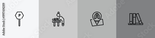 poi public places outline icon set featuring parking, baby changer, taxi stop, three books icons.
