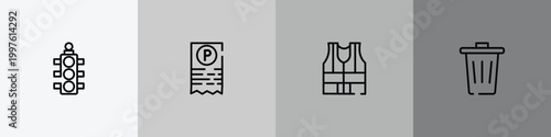 public services fill outline icon set featuring semaphore light, parking ticket, high visibility vest, trash icons.