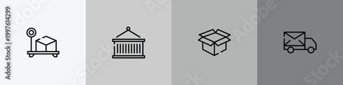 logistic delivery instructions outline icon set featuring box weight, lift package, open pack, mail send icons.