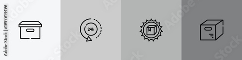 lineal logistic outline icon set featuring cardboard box with lid, 24 hours delivery, certified packaging, opened packaged icons.