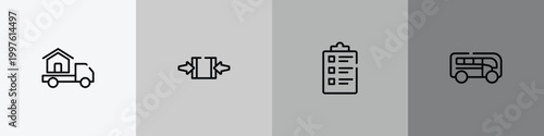 global logistic outline icon set featuring moving home, clamp as indicated, packing list, buses icons.
