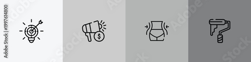 general outline icon set featuring marketing strategy, marketing budget, weight loss, painting work icons.