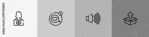 general outline icon set featuring x-ray, message app, sound control, product release icons.